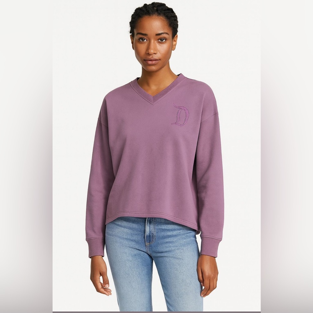 Disney Parks Embroidered “D” Purple V-Neck Long Sleeve Top~Size Large~NWT